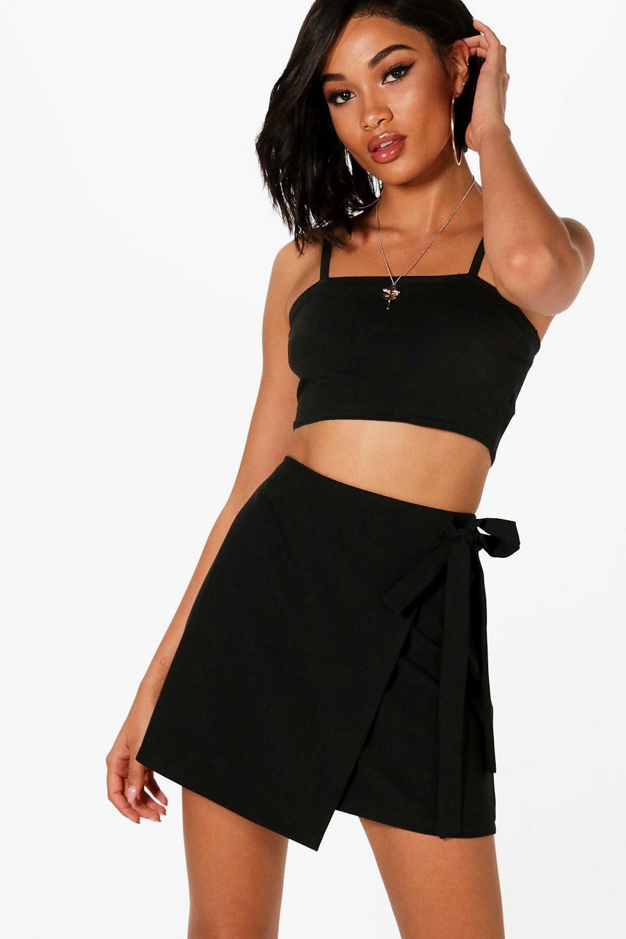 Black Wrap Tie Front Woven Mini Skirt image number 1