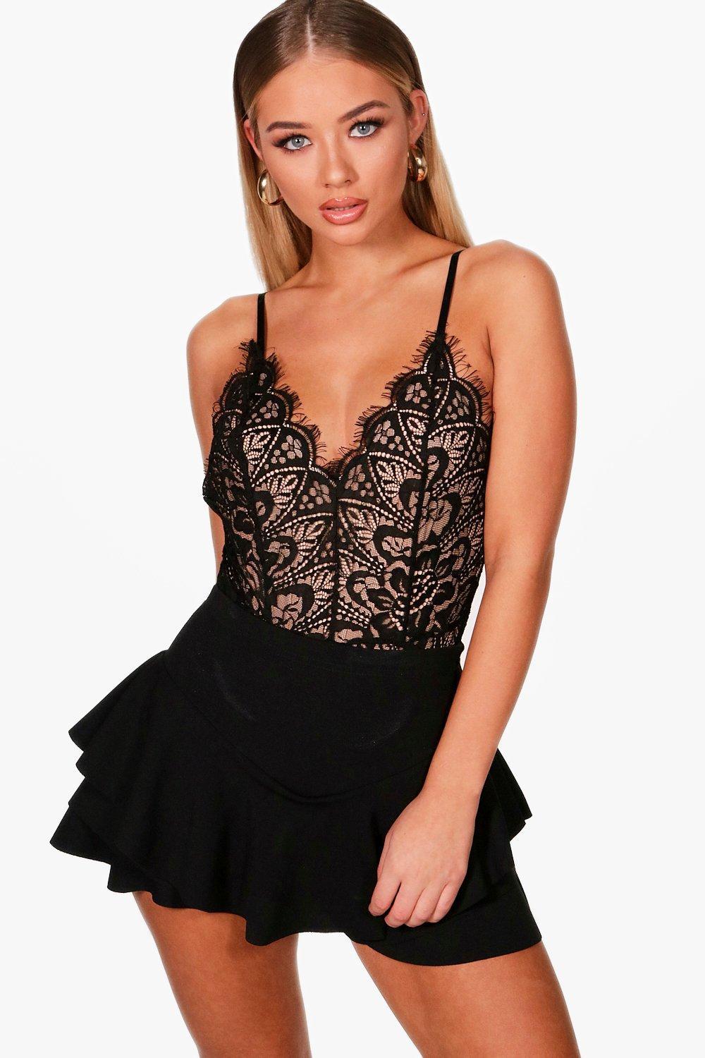 Buy Boohoo Eyelash Lace Bodysuit Top In Black