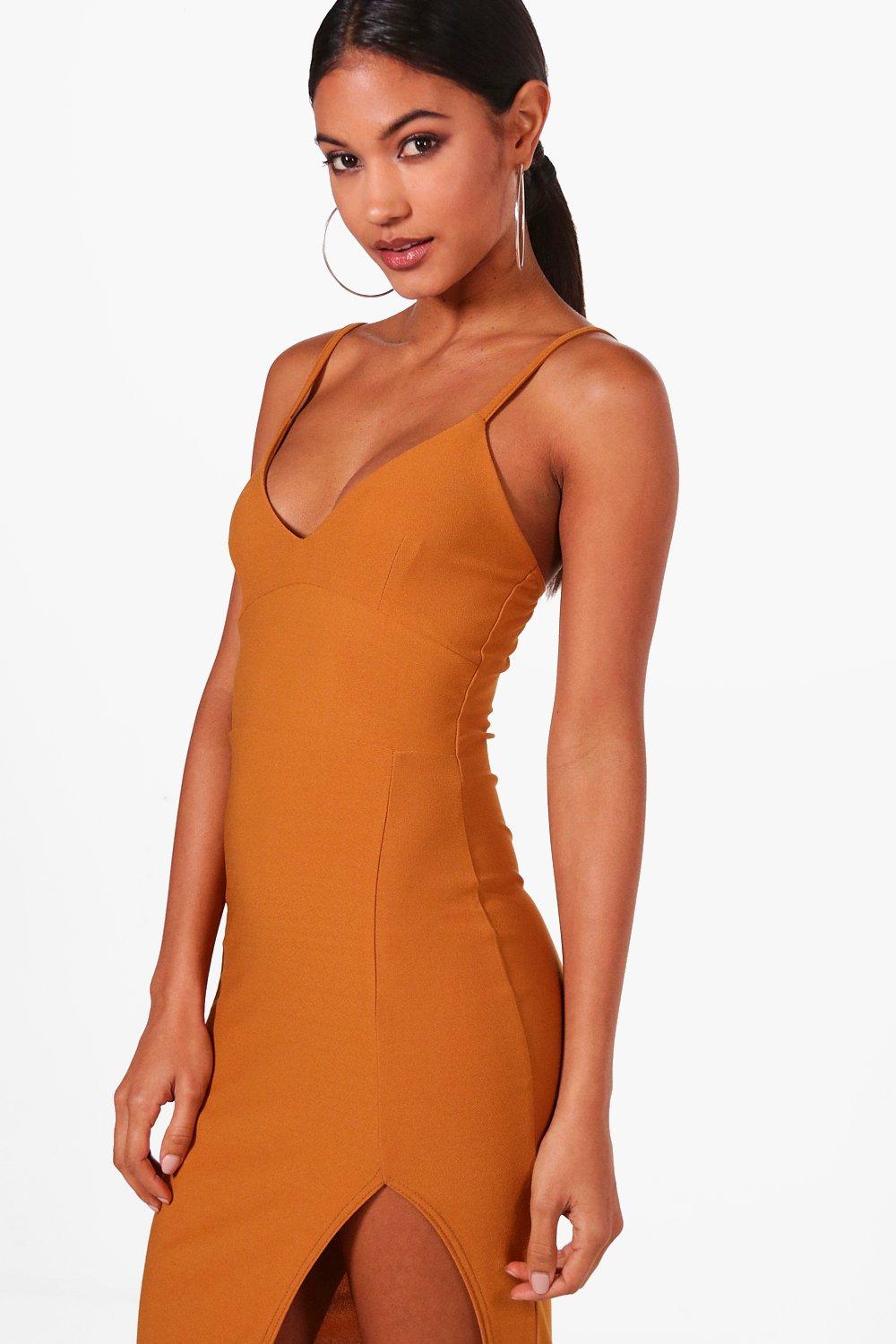 boohoo plunge midi dress with sweetheart neckline and side split in black