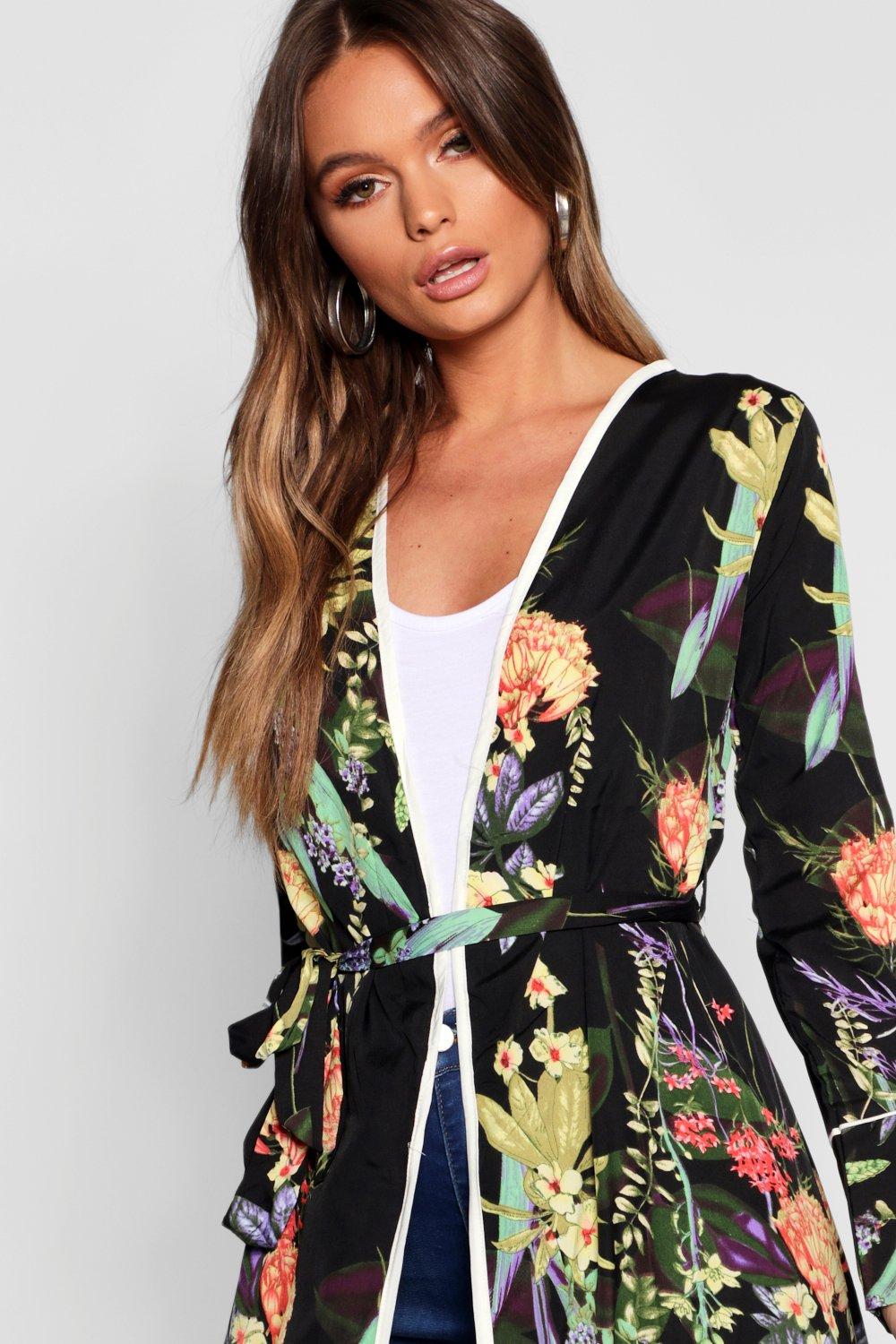 Long black hot sale floral kimono