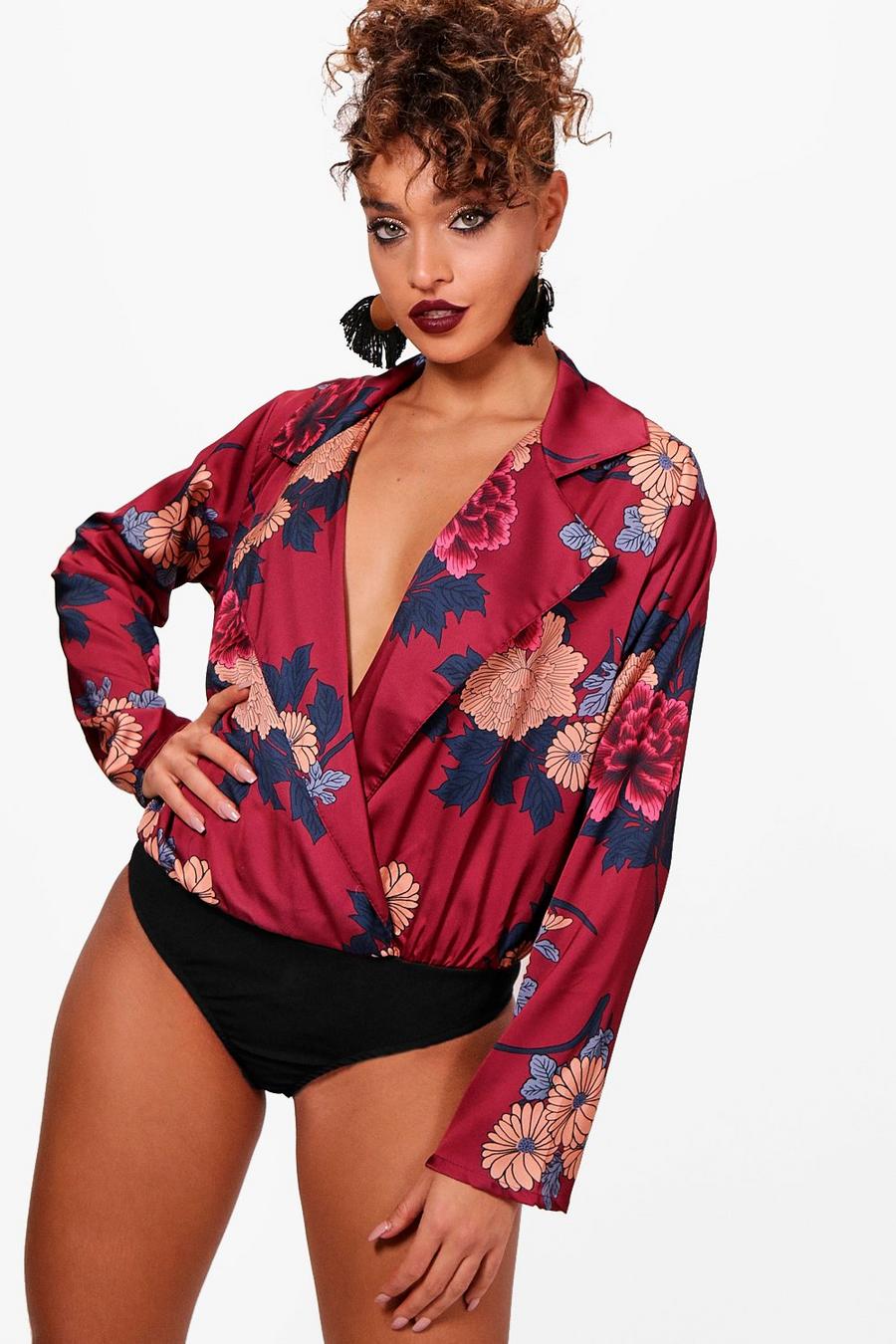 Wine red Floral Long Sleeve Wrap Bodysuit image number 1