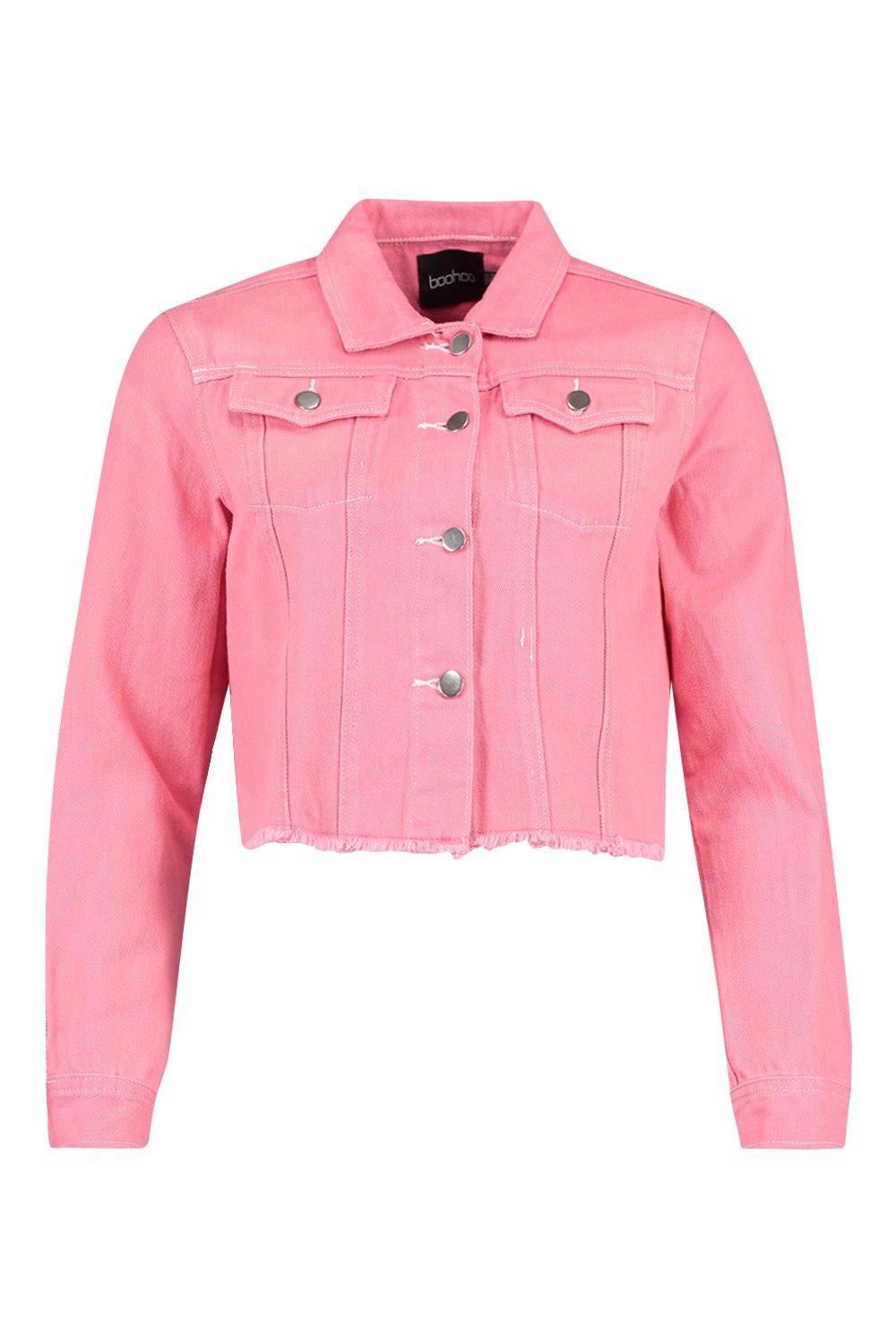 A lightweight denim jacket available pink, green and black colors featuring  ripped accents. Hemline, cuffs, an…