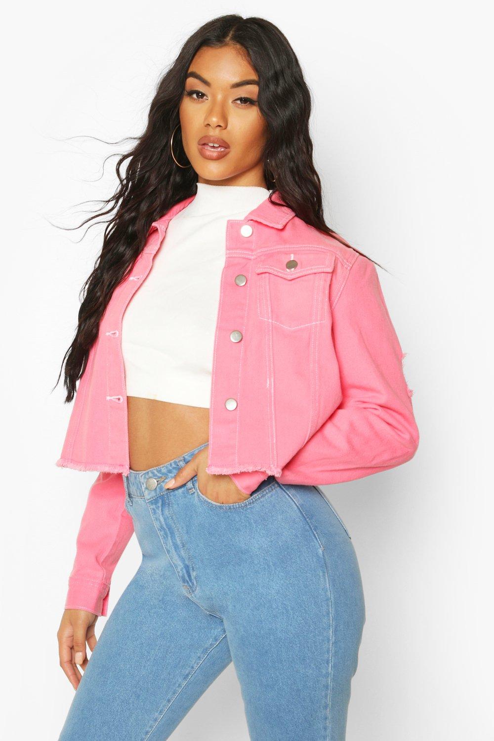 Prettylittlething Women's Red with Contrast Stitch Crop Denim Jacket - Size 6