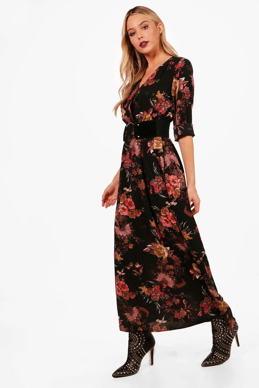 Floral Wrap Midaxi Dress, Black image number 1