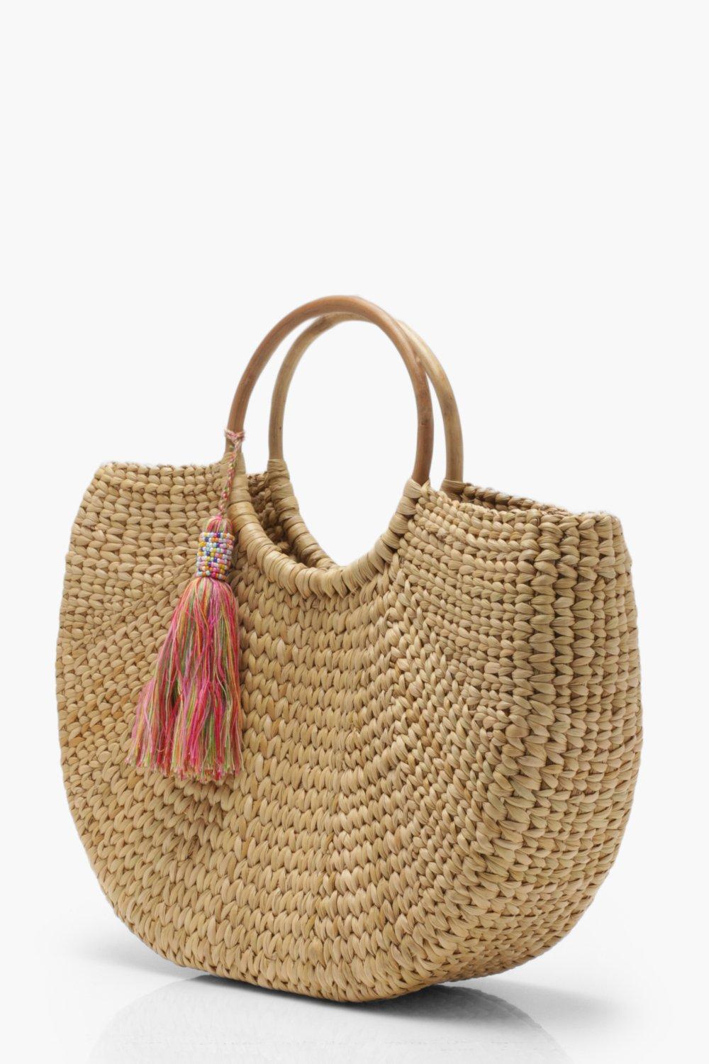 Straw bag with online bamboo handles