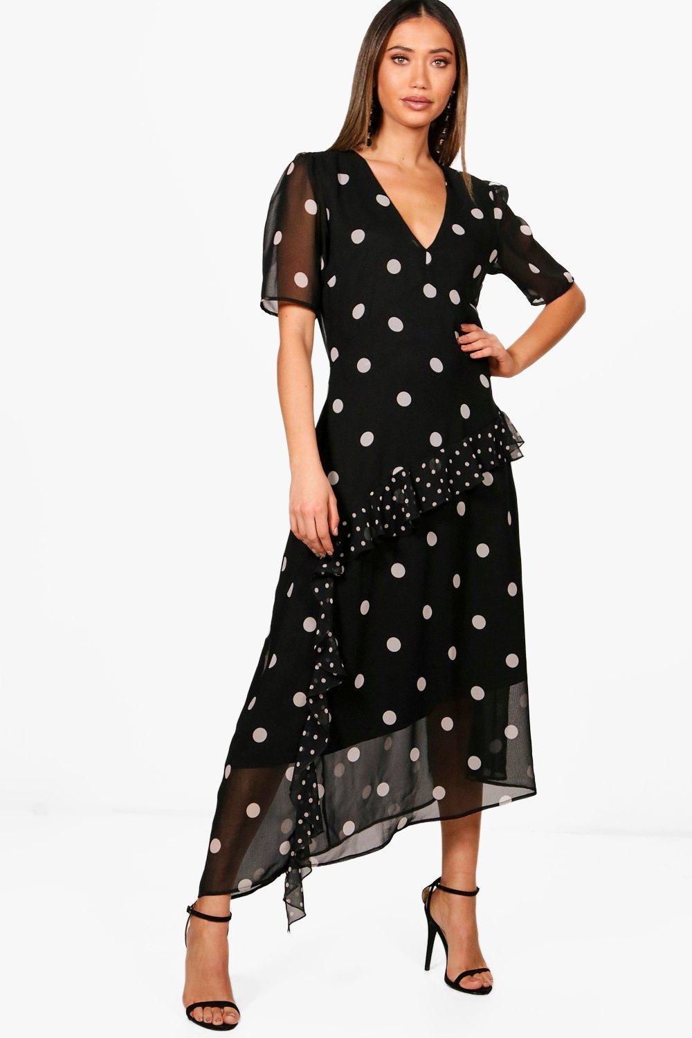 black spotted asymmetrical dress