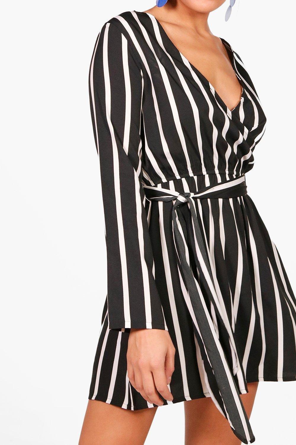 Boohoo black and cheap white striped dress