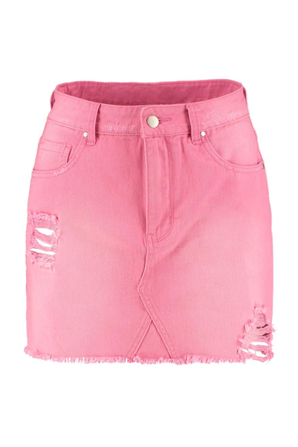 pink ripped denim skirt