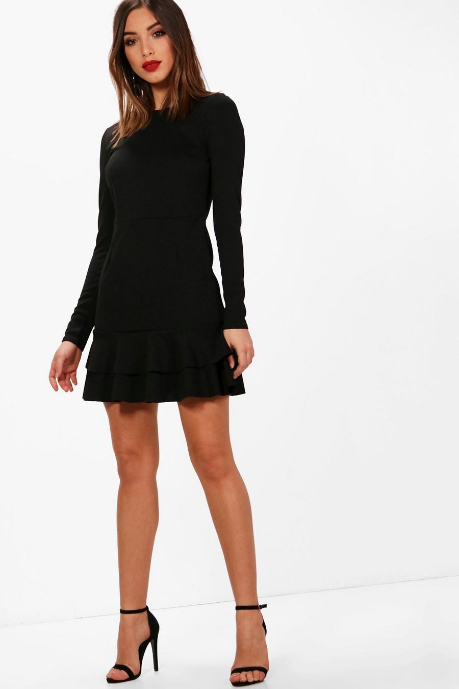 Black Ruffle Hem Long Sleeve Dress image number 1