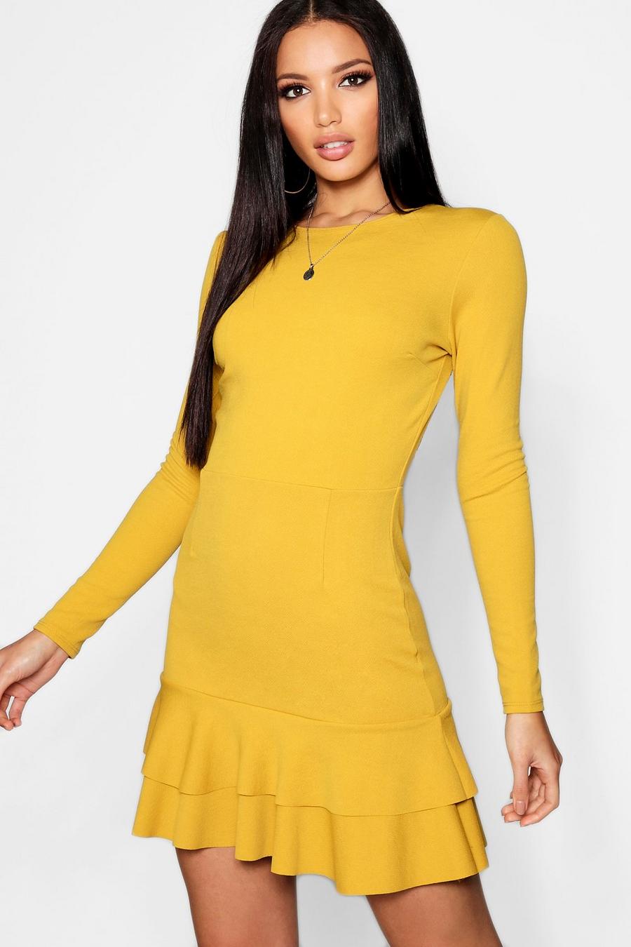Langärmeliges Kleid mit Rüschensaum, Mustard image number 1