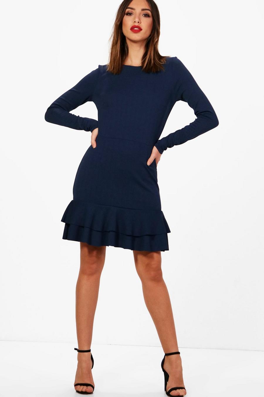 Langärmeliges Kleid mit Rüschensaum, Marineblau image number 1