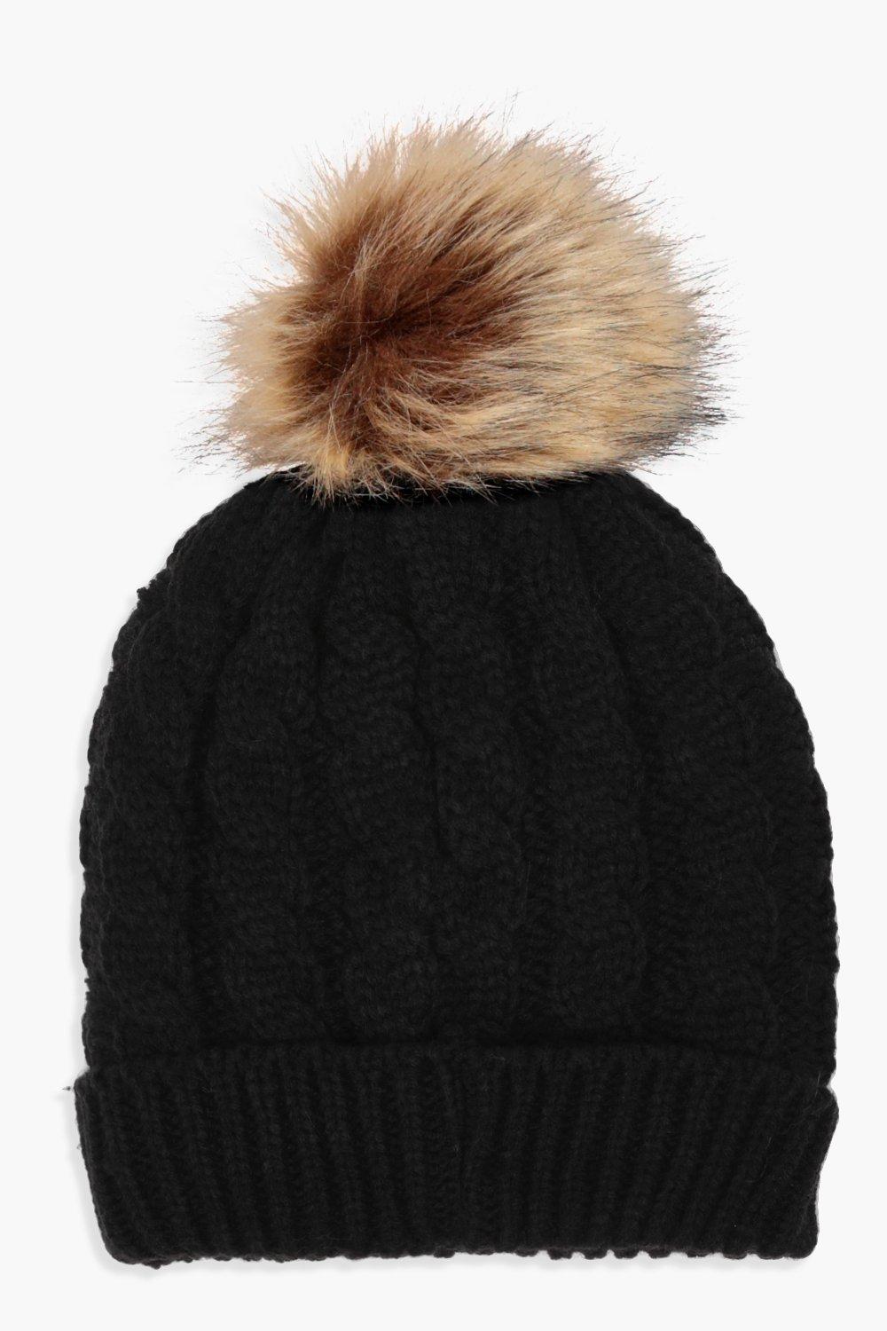 Cable Knit Faux Fur Pom Beanie Boohoo