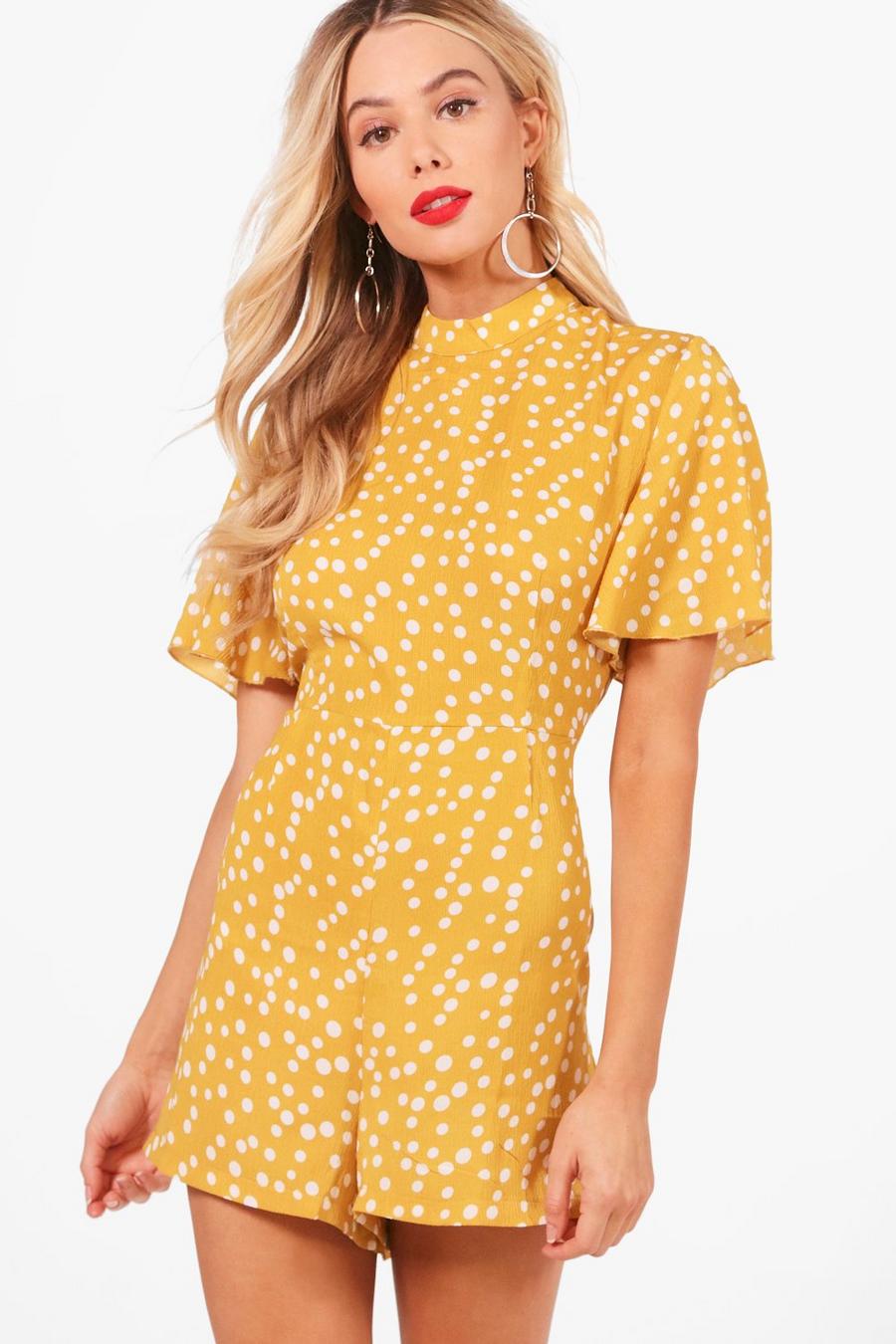 Mustard yellow Polka Dot Flute Sleeve Playsuit image number 1