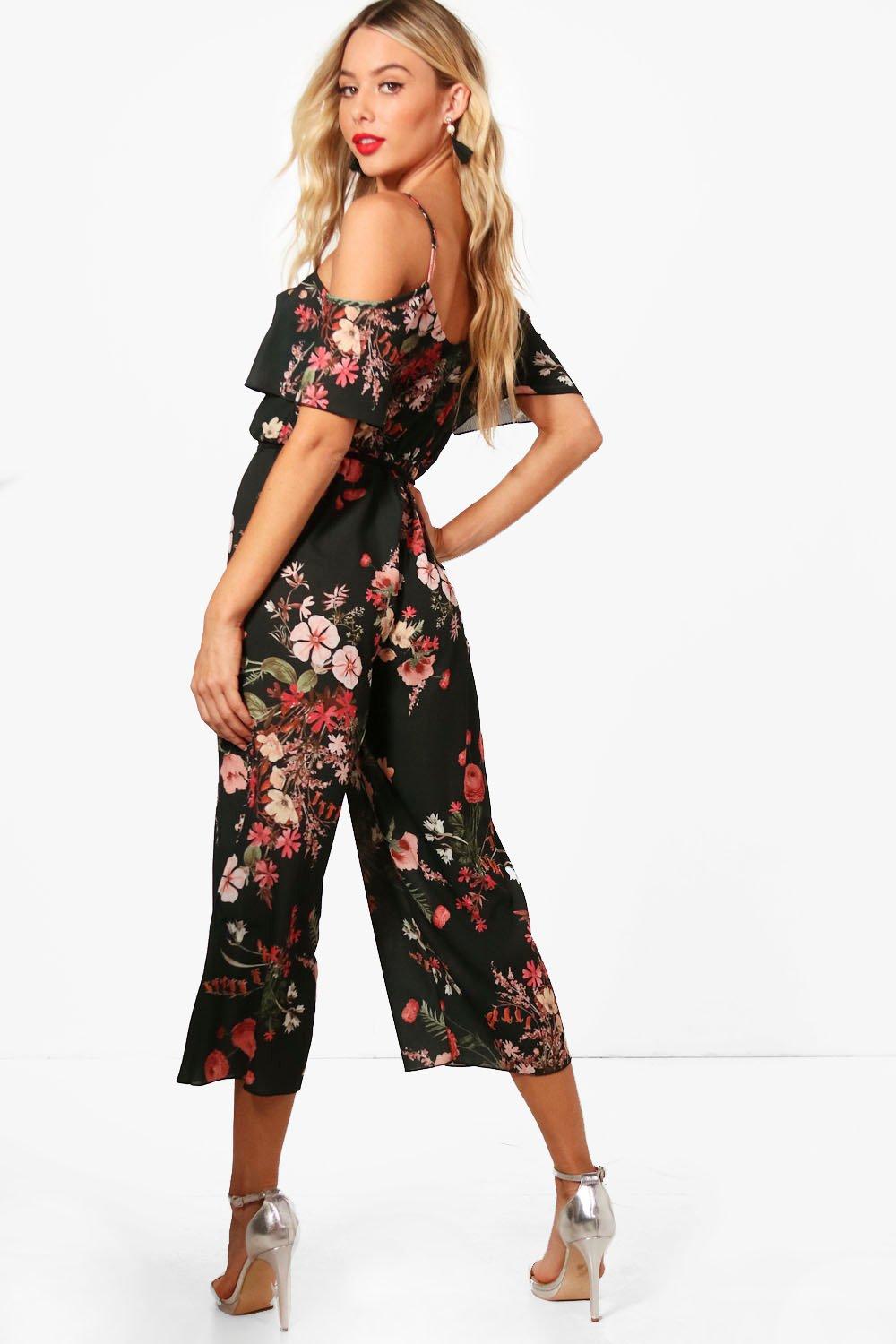 Cold Shoulder Dark Floral Jumpsuit boohoo USA