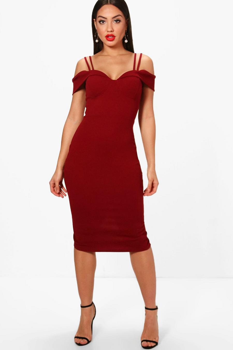 Berry red Midiklänning i cold shoulder-modell med smala axelband