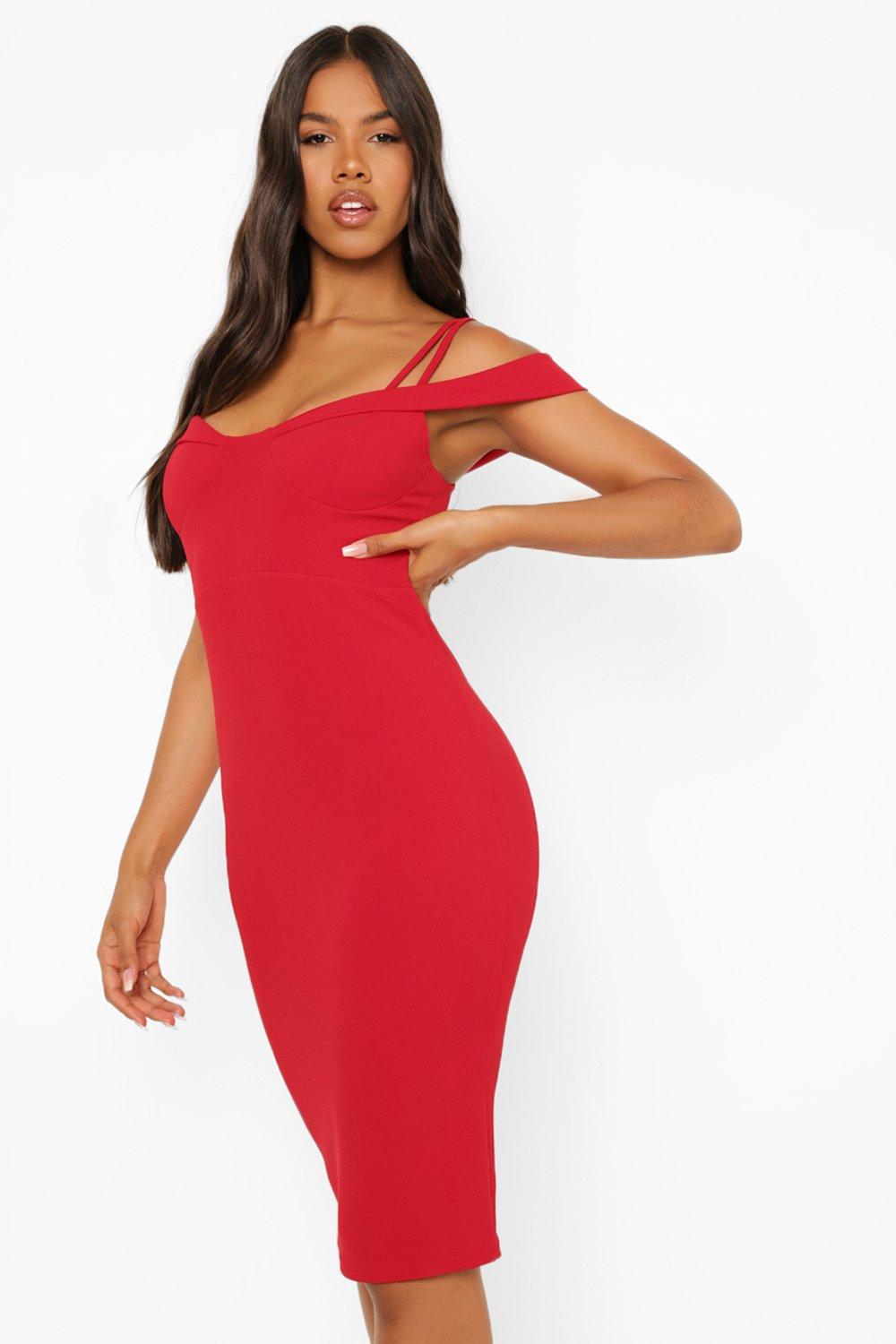 Boohoo red outlet off shoulder dress