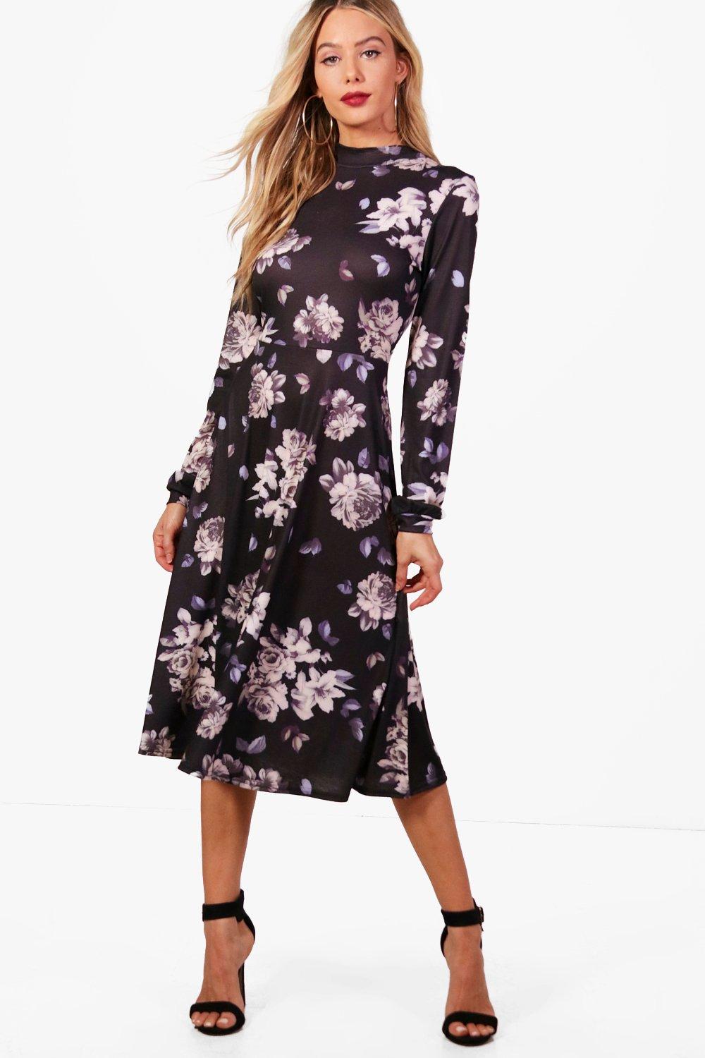 High Neck Floral Midi Dress | boohoo