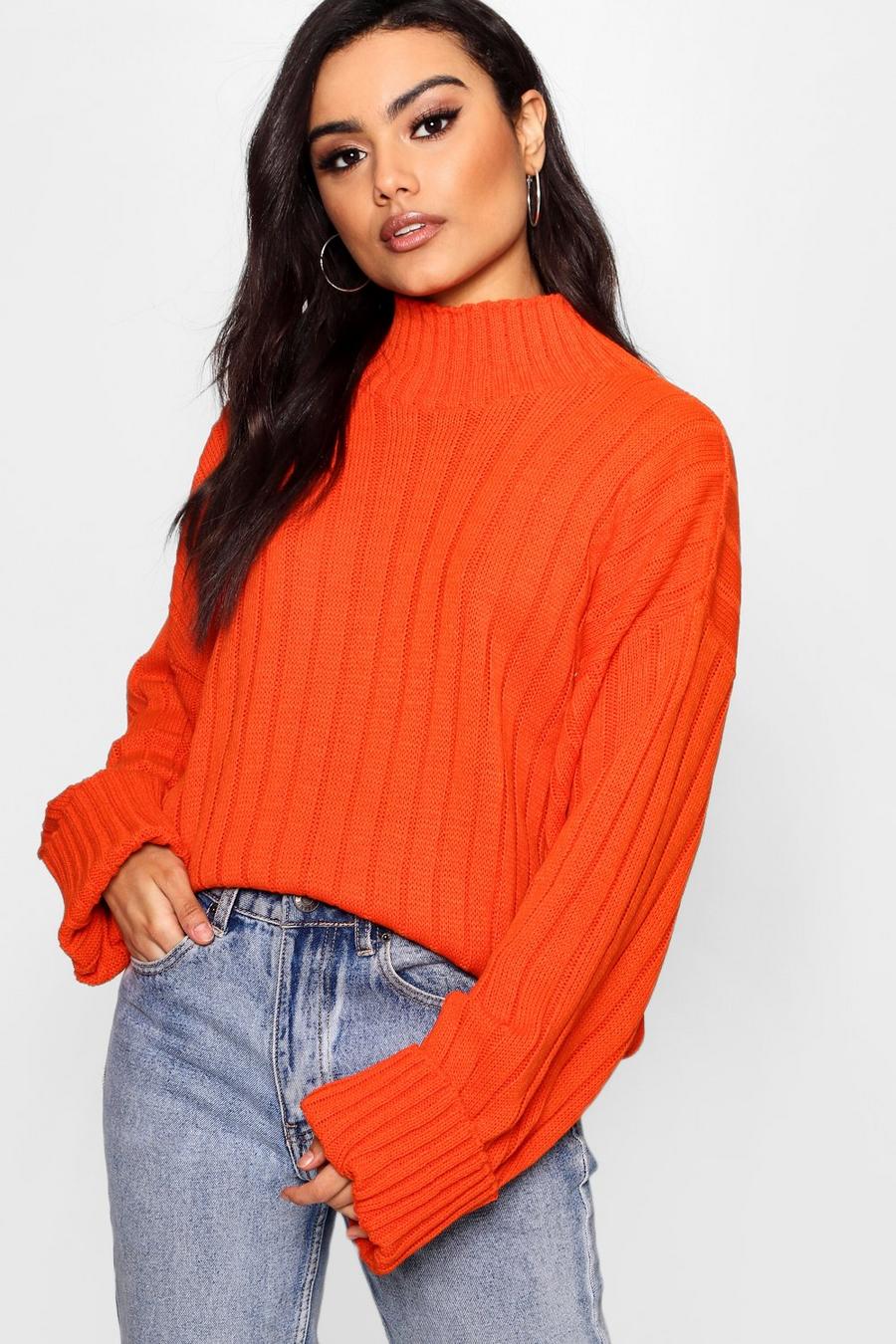 Gerippter Pullover mit weiten Ärmeln, Orange image number 1