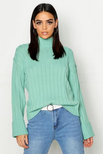 Sage Green Maxi Wide Sleeve Wide Rib Sweater