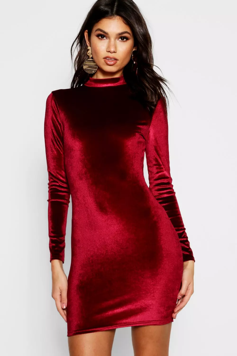 Velvet High Neck Long Sleeve Bodycon Dress