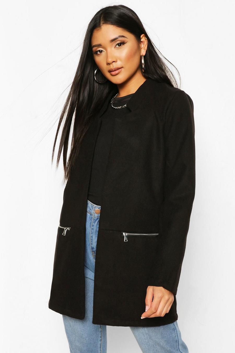 Black Zip Pocket Wool Look Coat