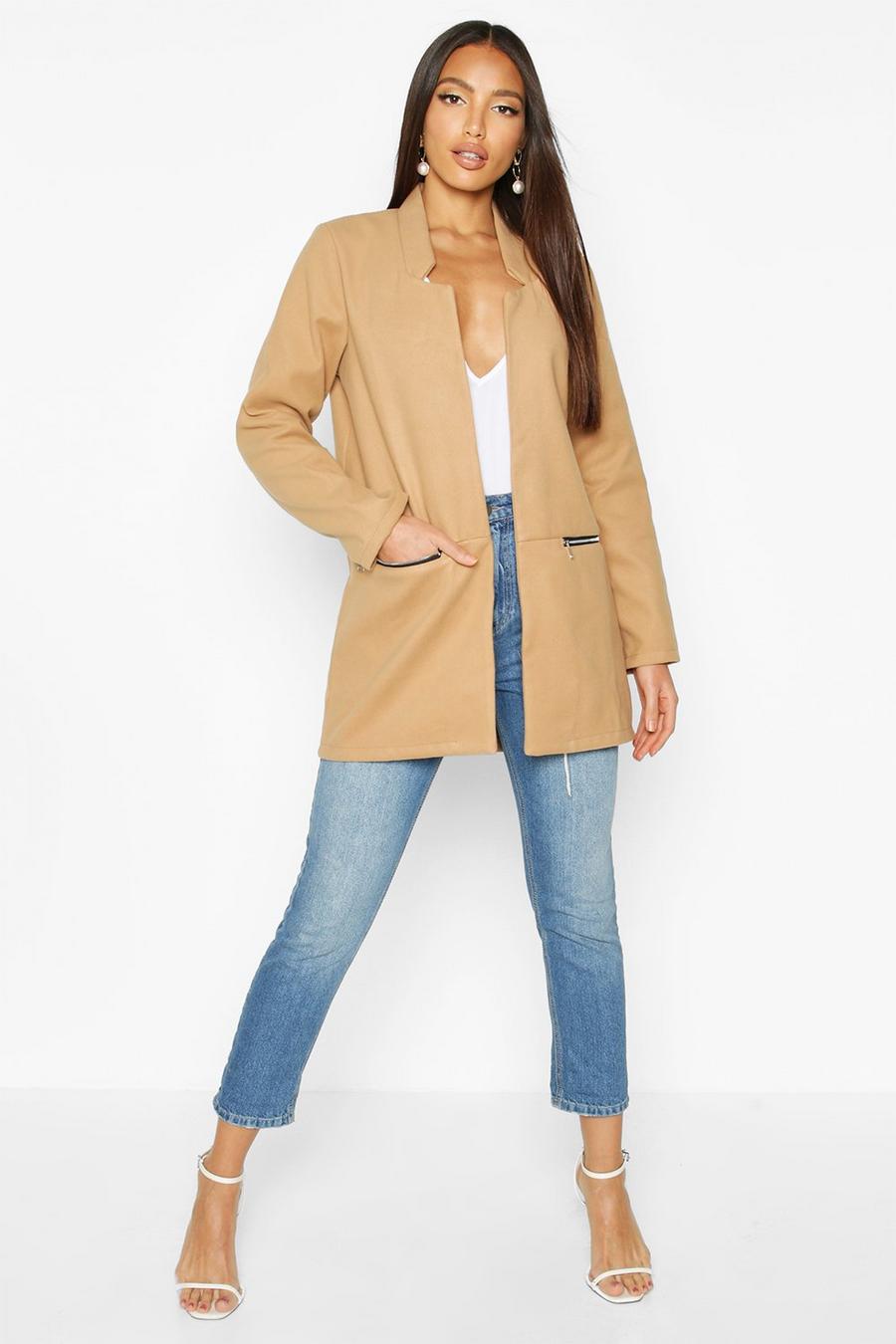 Camel Zip Pocket Wool Look Coat image number 1