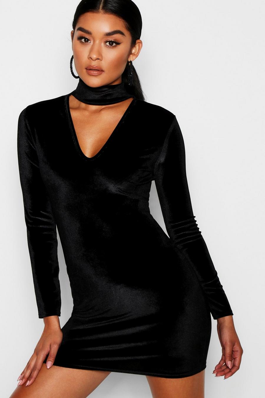 Marie Velvet Choker Bodycon Dress, Black image number 1