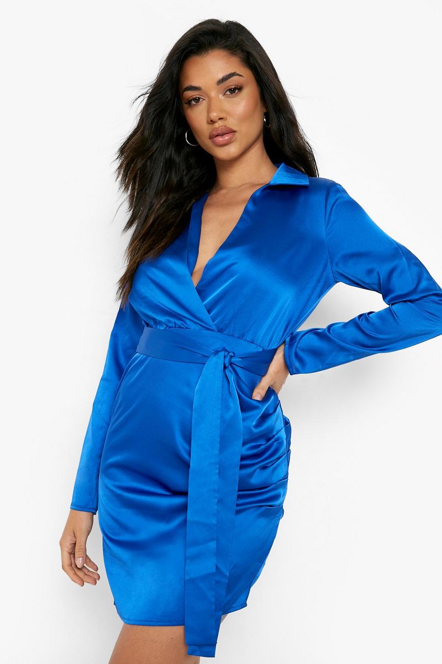 Cobalt blue Satinklänning i omlottmodell