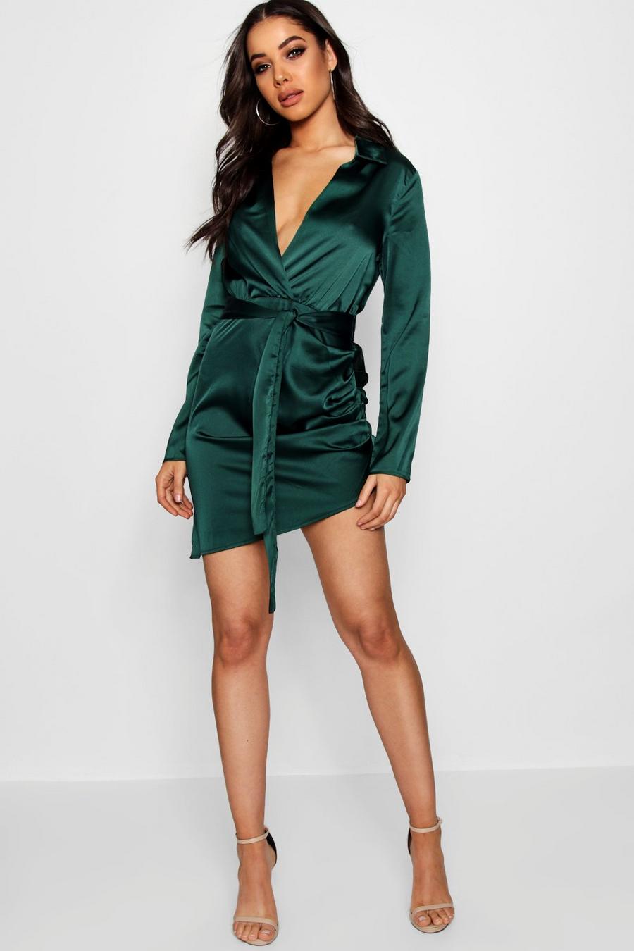 Emerald gerde Satin Wrap Detail Dress