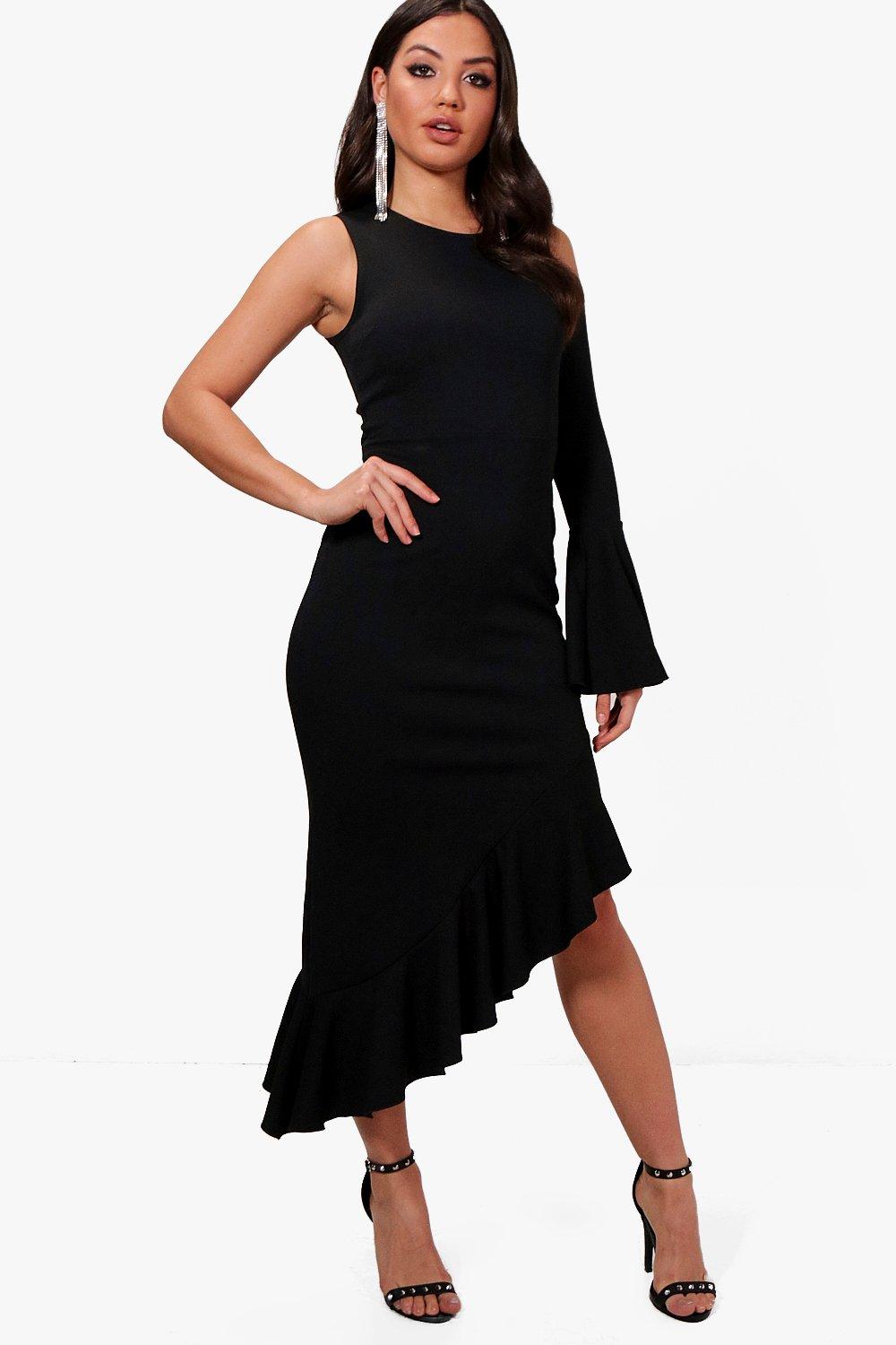 one shoulder ruffle hem maxi dress