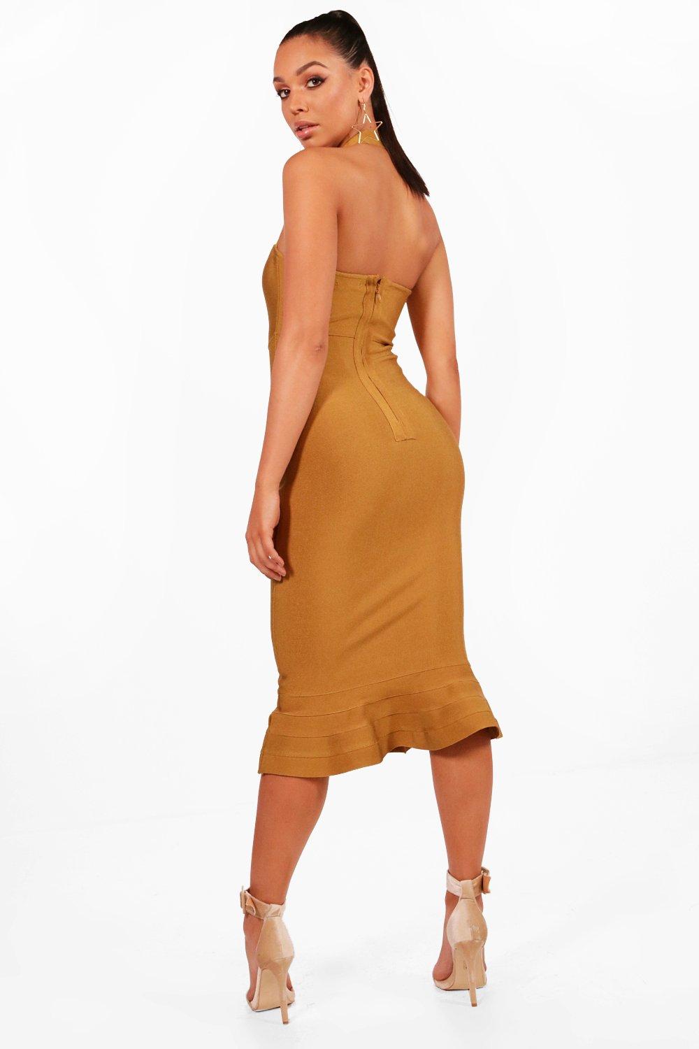 Camel frill hem bandage midi clearance dress