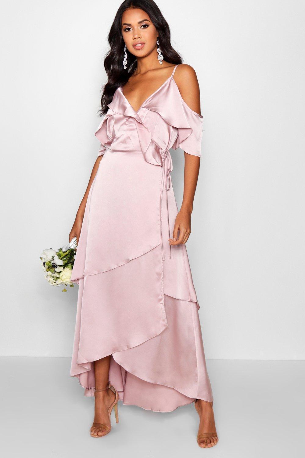 satin ruffle wrap dress