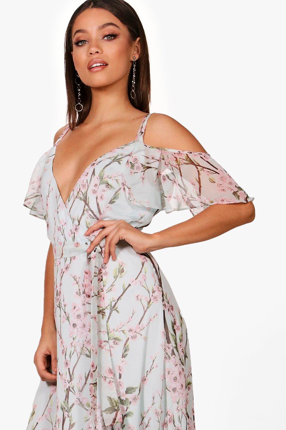 Pink floral 2024 cold shoulder dress