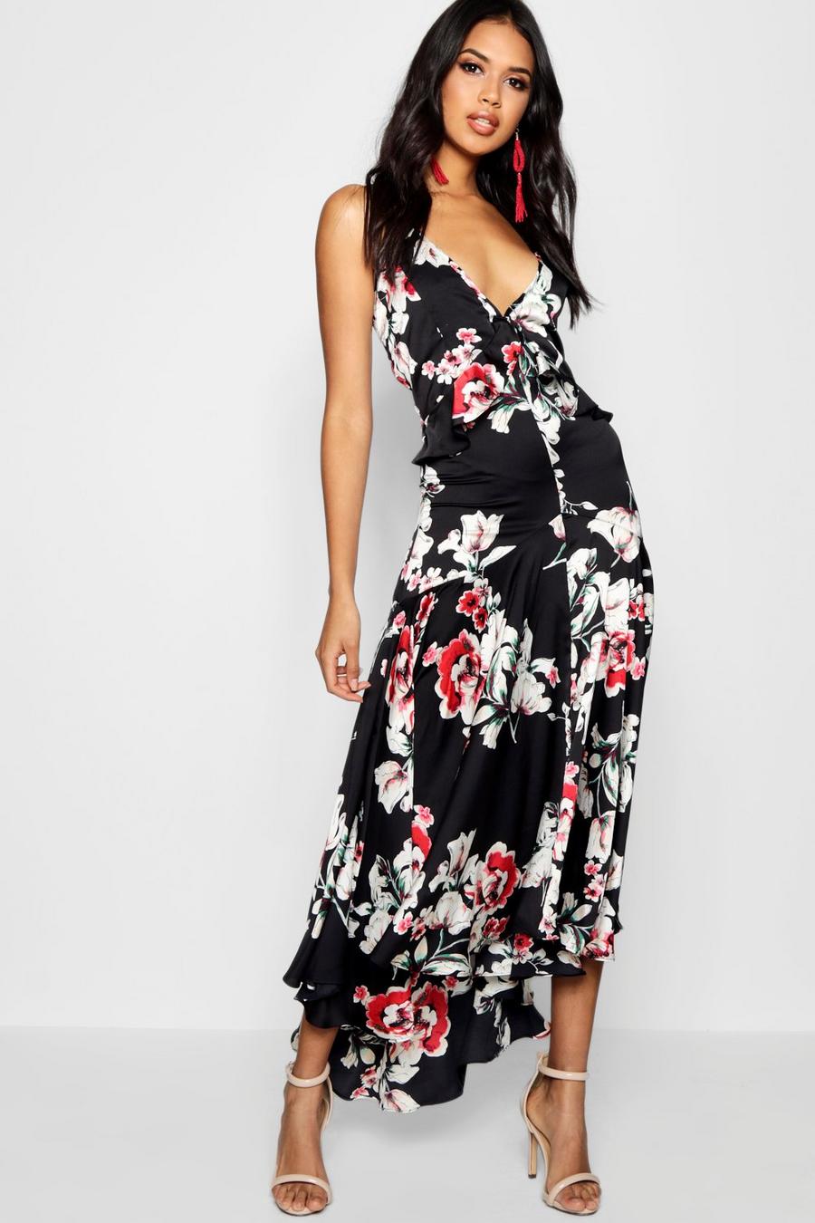 Black Boutique Lo Floral Satin Ruffle Dip Hem Dress