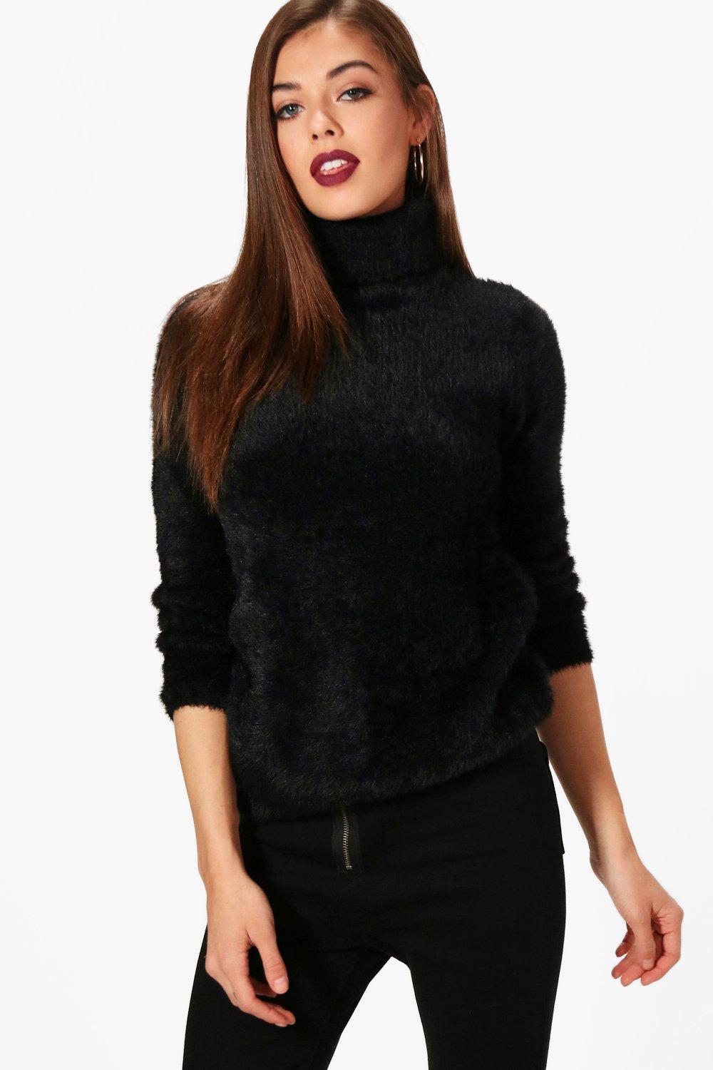 white fluffy polo neck jumper