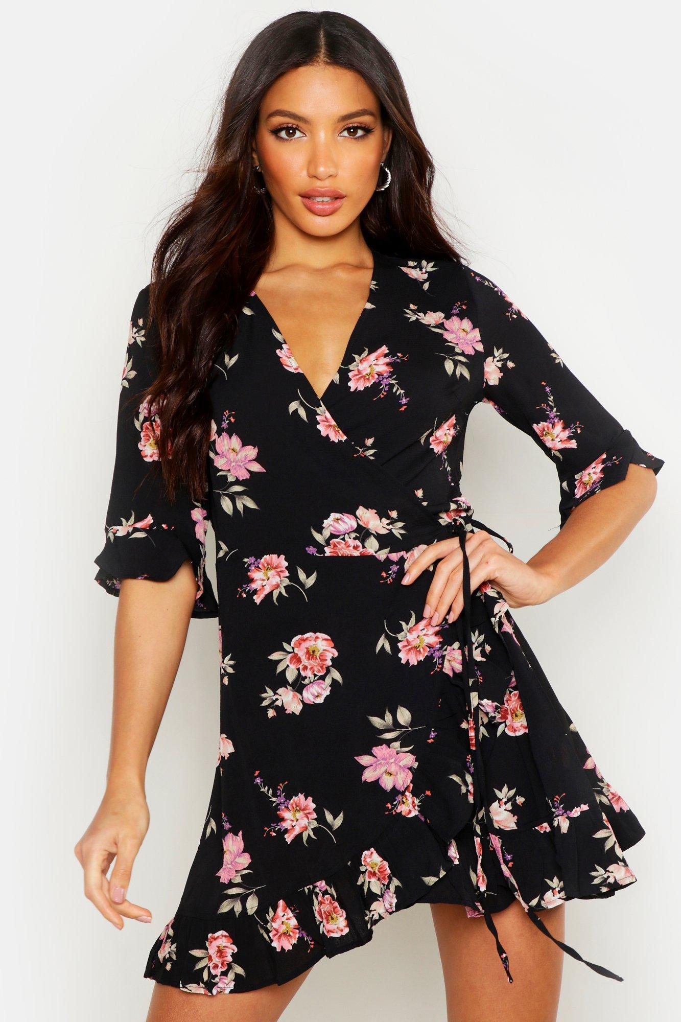 boohoo wrap dress black