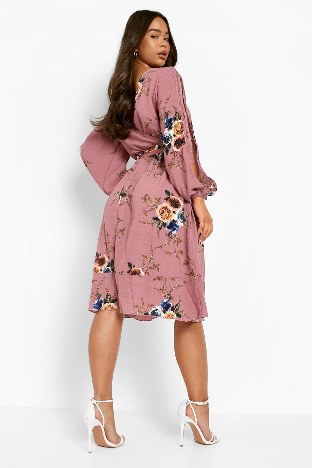 boutique floral split sleeve wrap dress