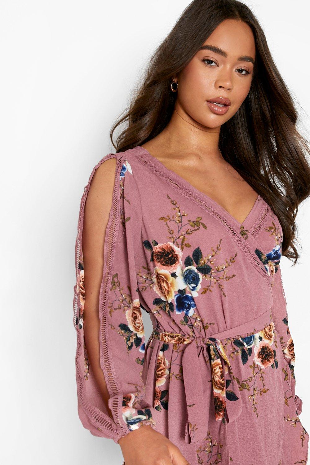 boutique floral split sleeve wrap dress