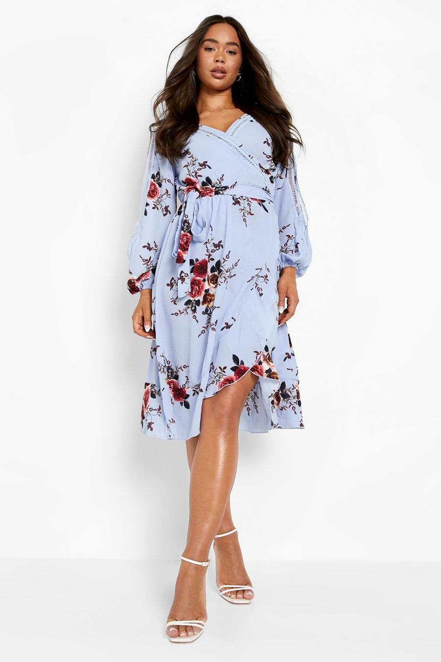 Sky blue Boutique Floral Split Sleeve Wrap Dress