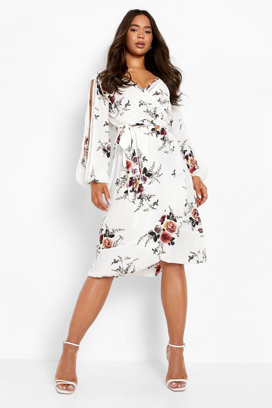 White Boutique Floral Split Sleeve Wrap Dress image number 1