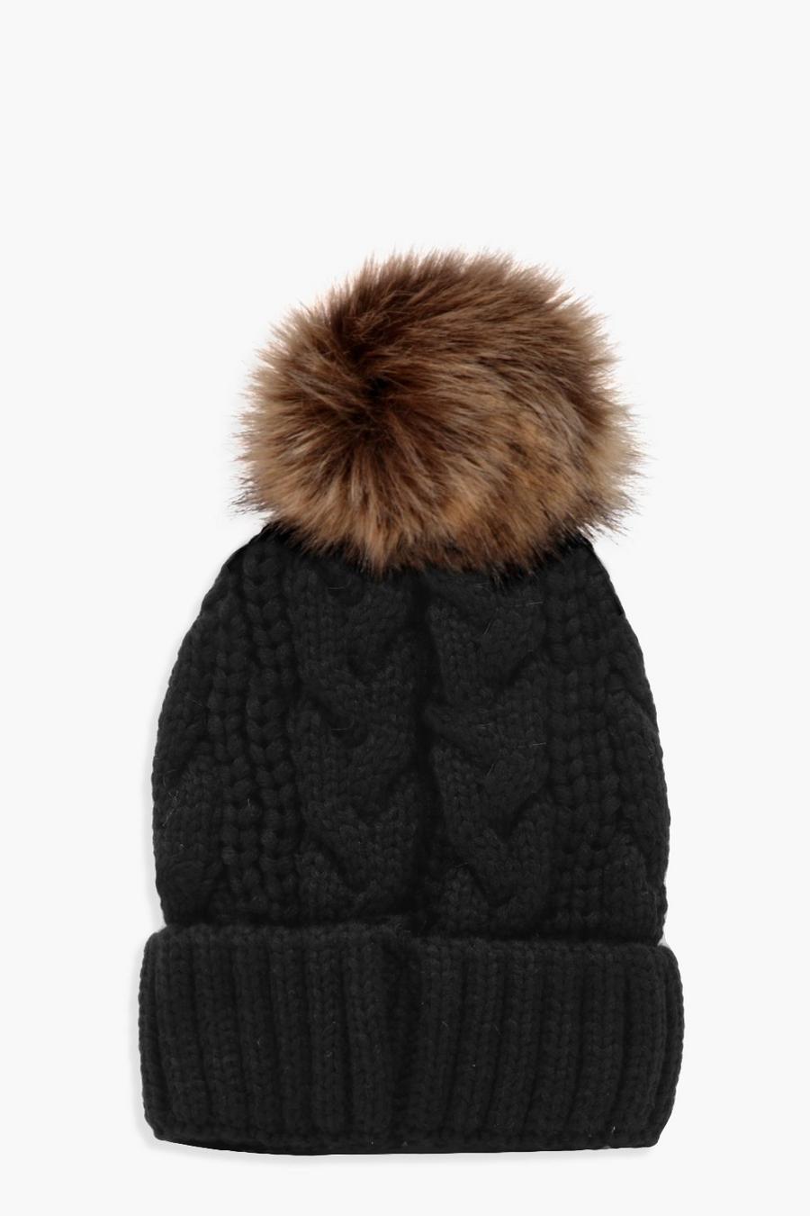 Black negro Cable Knit Faux Fur Pom Beanie image number 1