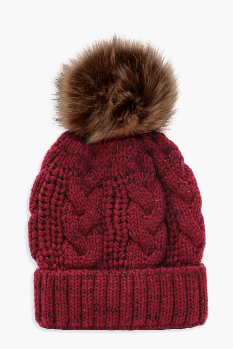 Red röd Cable Knit Faux Fur Pom Beanie image number 1