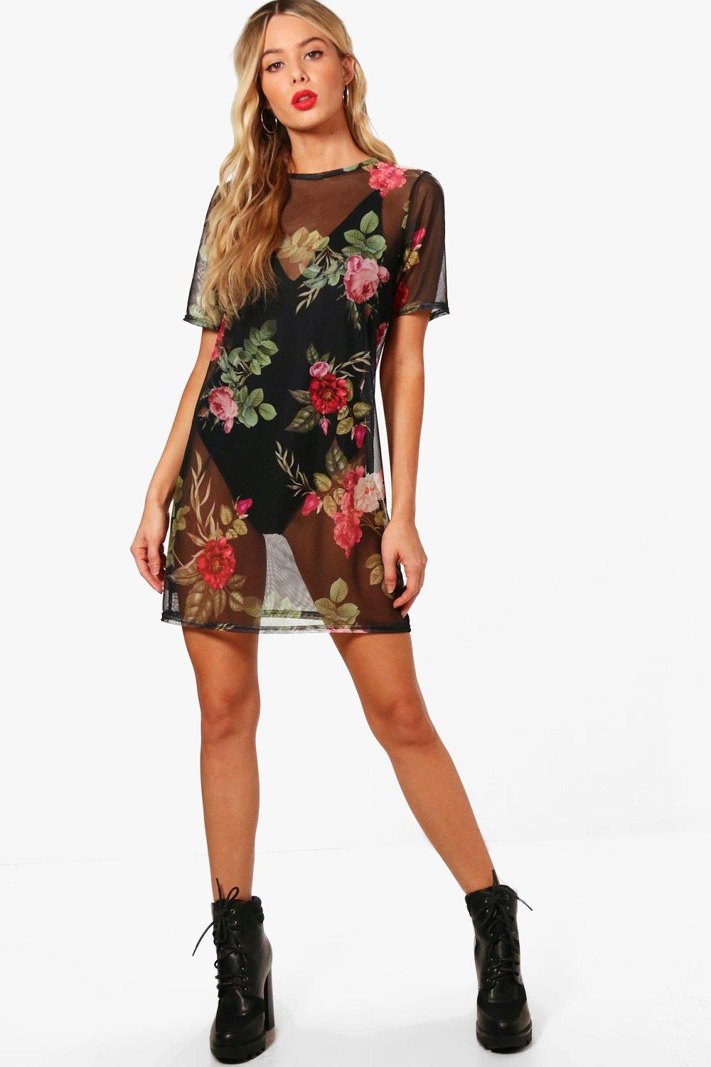 floral mesh t shirt dress