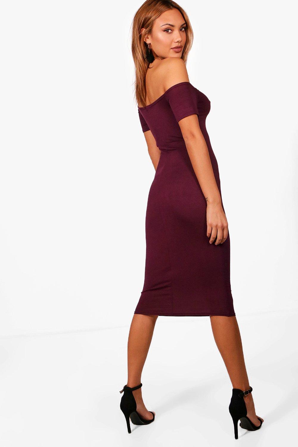 off the shoulder bodycon midi dress