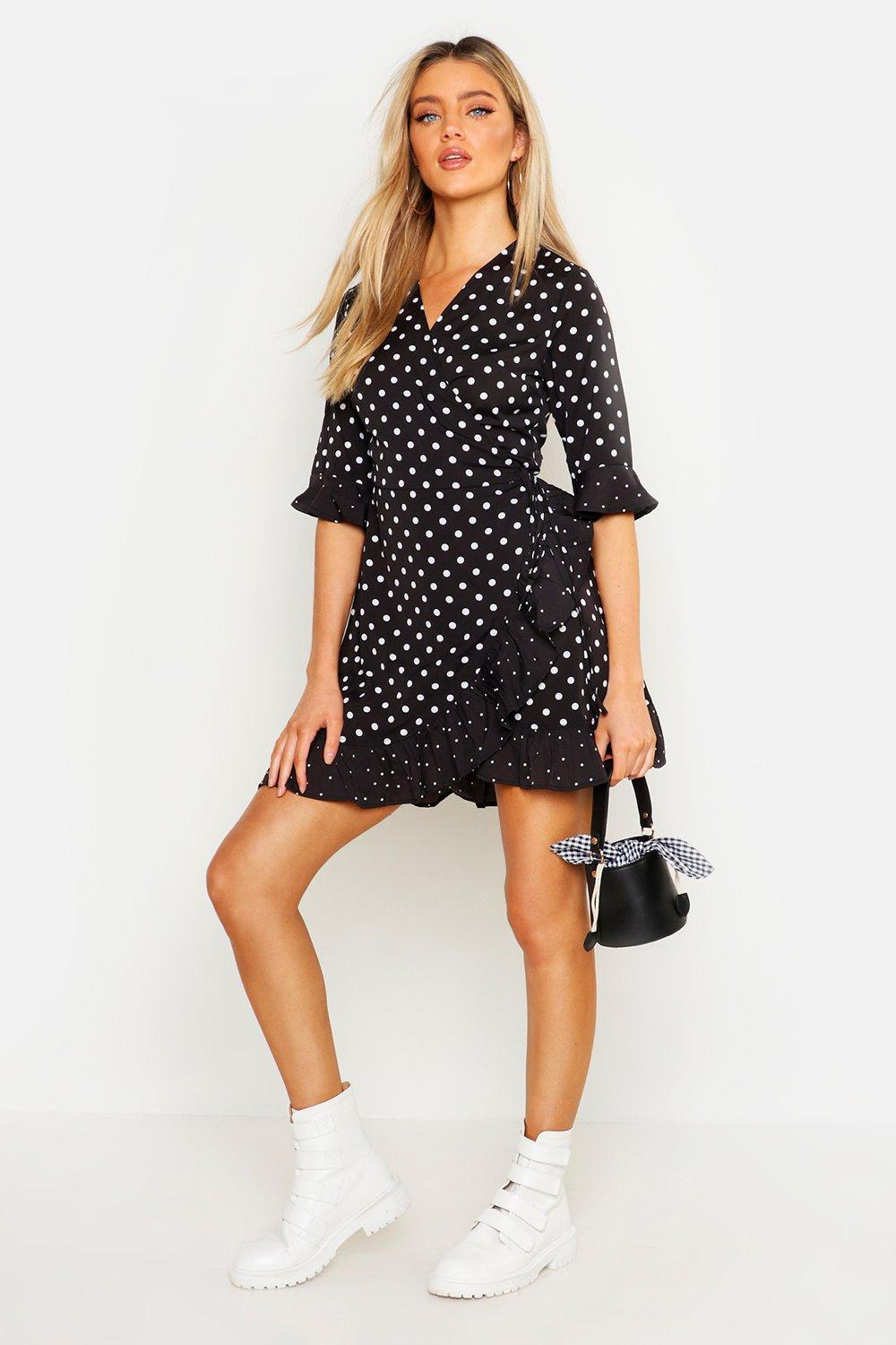 Boohoo polka dot wrap cheap dress