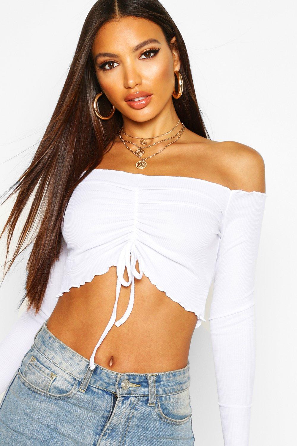 Off shoulder discount drawstring crop top