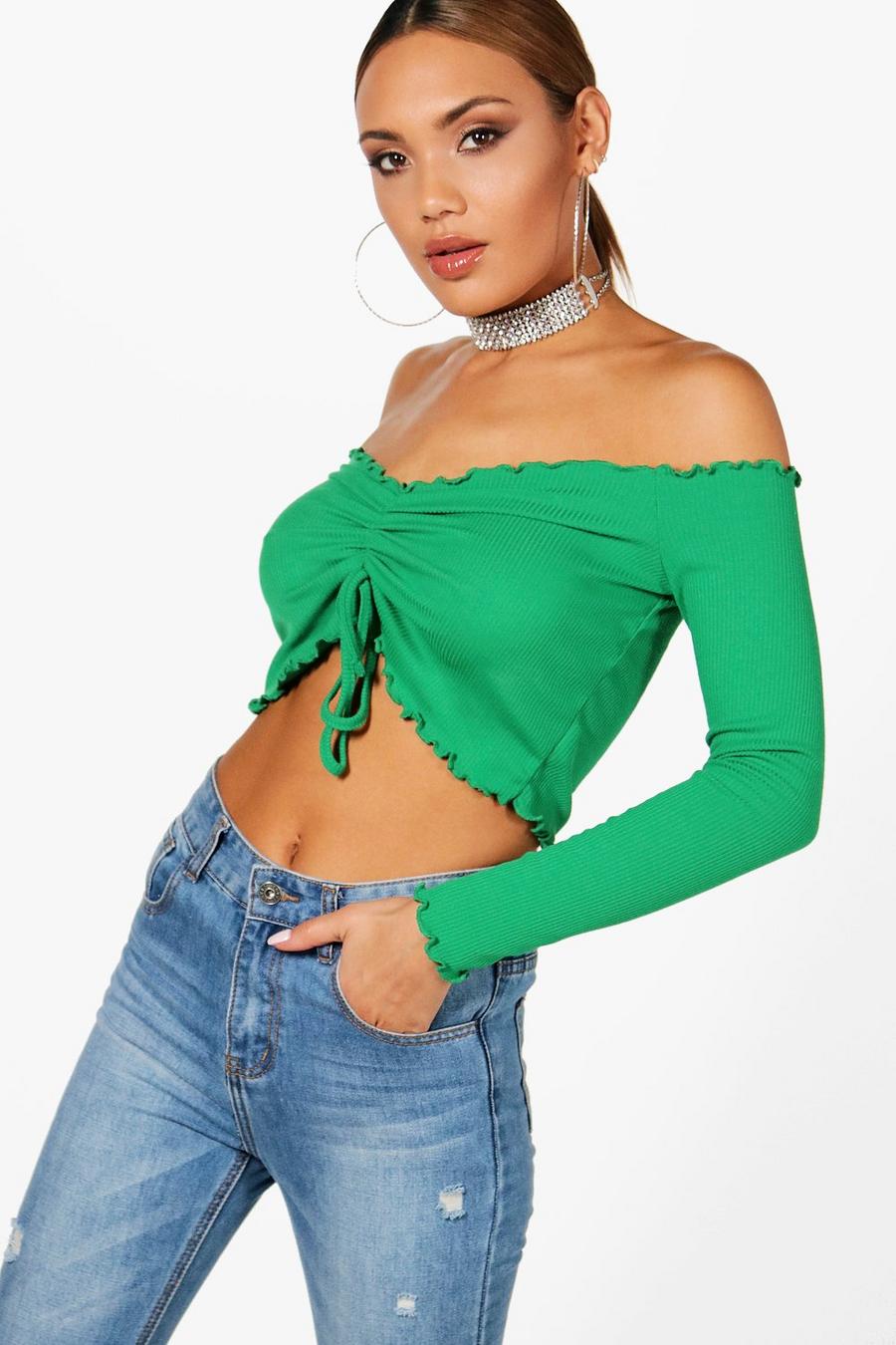 Leaf green Ruched Front Lettuce Hem Crop Top image number 1