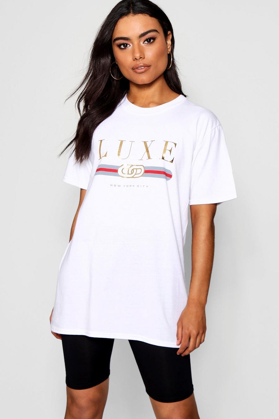 White Luxe Metallic Slogan T Shirt image number 1
