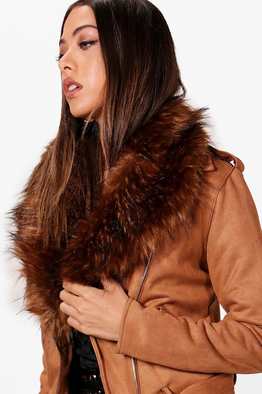 Women s Faux Fur Collar Biker Jacket Boohoo UK