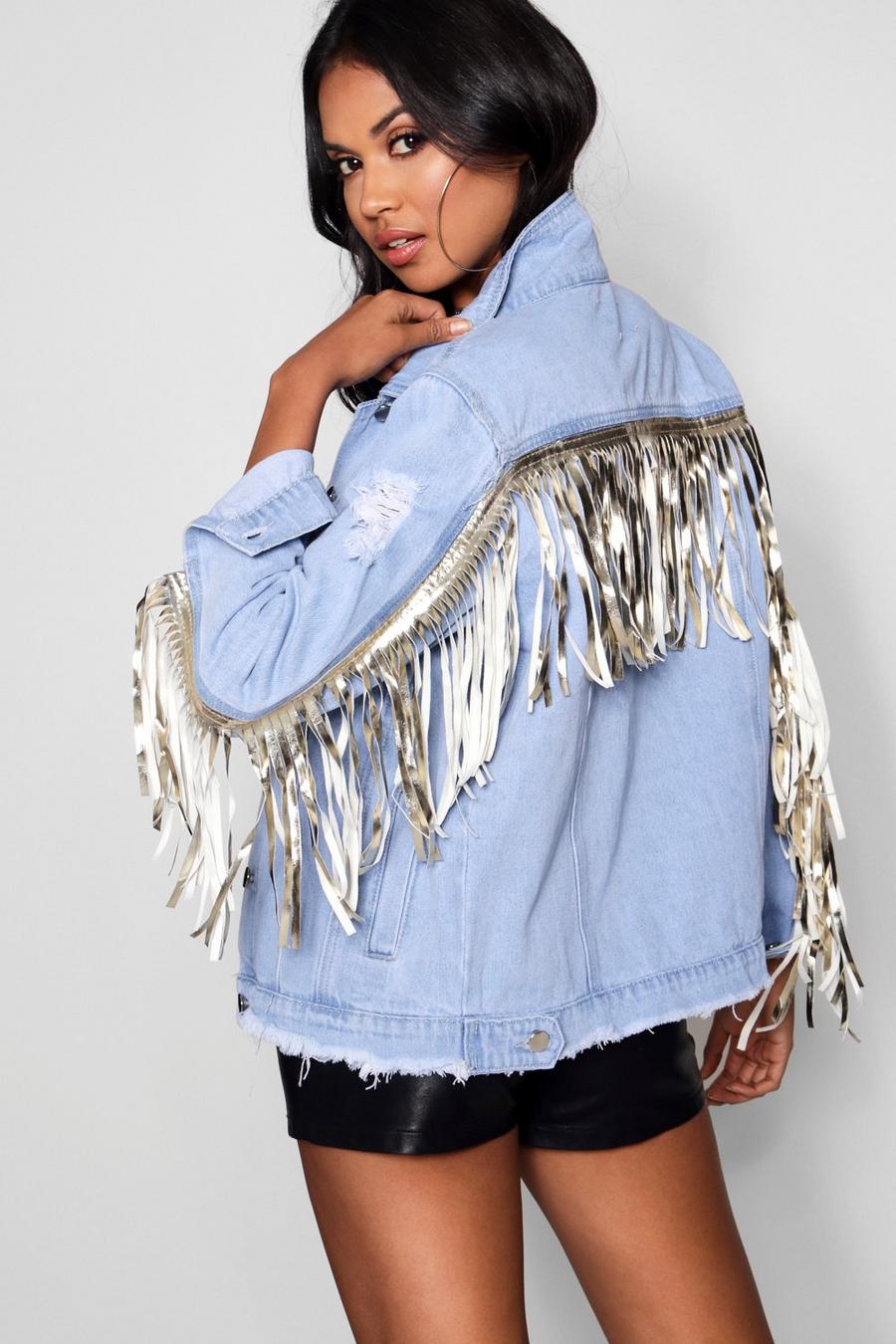 Light blue Tassel Back Oversized Denim Jacket image number 1